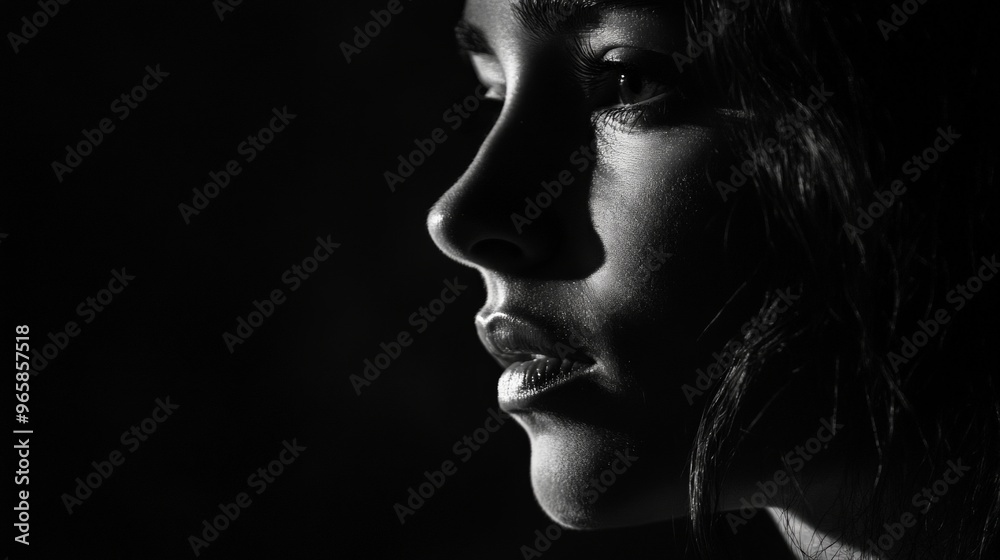 Woman in a dark room, her face barely visible, a small smile suggesting she knows more than she letting on Woman in a dark room, her face barely visible, a small smile suggesting she knows more than she letting on