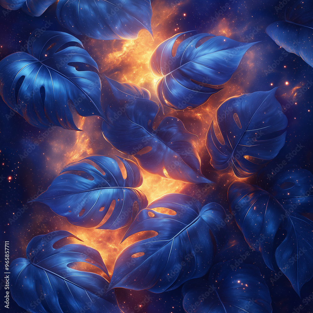 A blue and orange leafy plant with a starry sky background A blue and orange leafy plant with a starry sky background