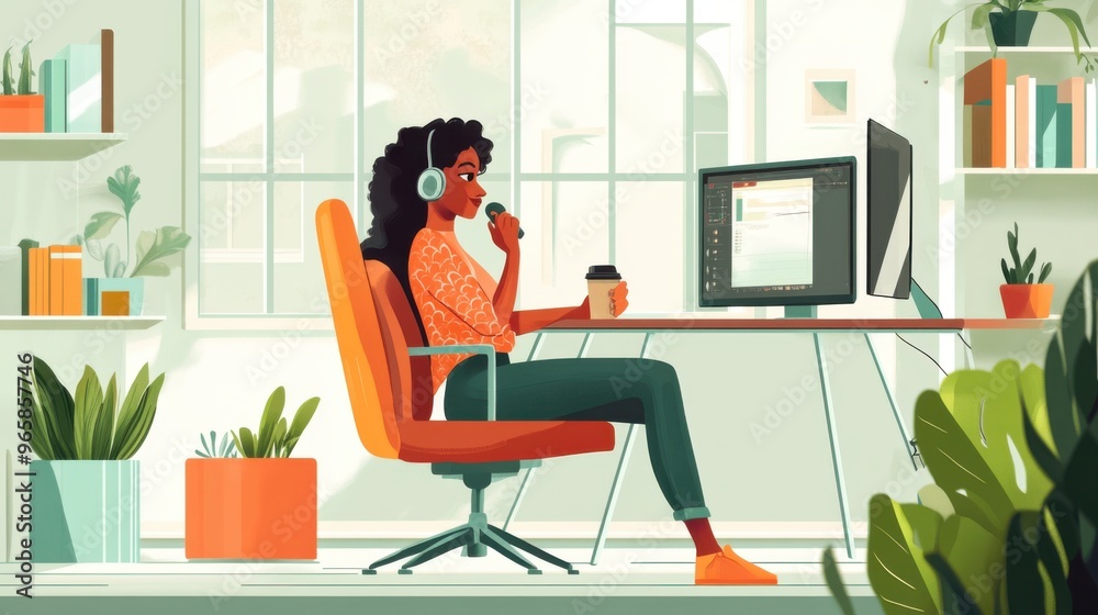 A woman in a modern home office, recording a podcast while enjoying her morning coffee A woman in a modern home office, recording a podcast while enjoying her morning coffee