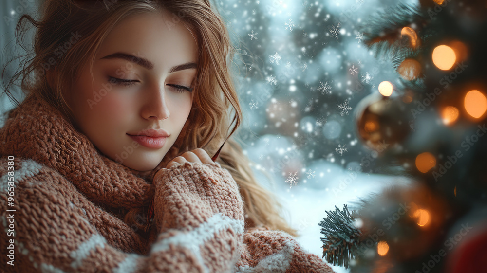 A woman crochets by a window, framed by a festive tree and winter scene. A woman crochets by a window, framed by a festive tree and winter scene.