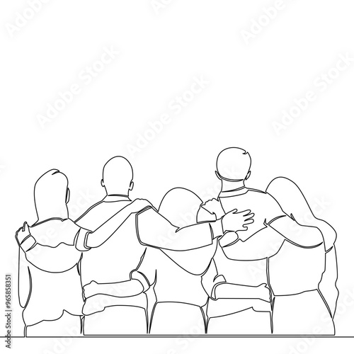 Continuous one single line drawing group of men and women standing together showing their friendship group of people hugging icon vector illustration concept