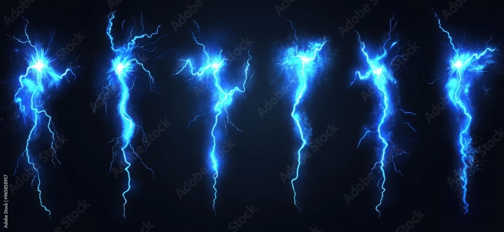 Lightning bolt hit into ground vfx effect. Blue electric or magic thunderbolt strike, impact, crack, wizard energy flash. Powerful electrical discharge, Cartoon vector set isolated on black background Lightning bolt hit into ground vfx effect. Blue electric or magic thunderbolt strike, impact, crack, wizard energy flash. Powerful electrical discharge, Cartoon vector set isolated on black background