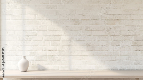 Fototapeta Naklejka Na Ścianę i Meble -  A white brick wall with a vase on a table in front of it