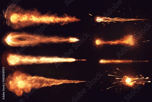 Gun flashes with smoke and fire sparkles. Pistol shots clouds, muzzle shotgun explosion. Blast motion, weapon bullets trails isolated on black background. Realistic 3d vector illustration