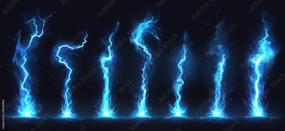 Lightning bolt hit into ground vfx effect. Blue electric or magic ...
