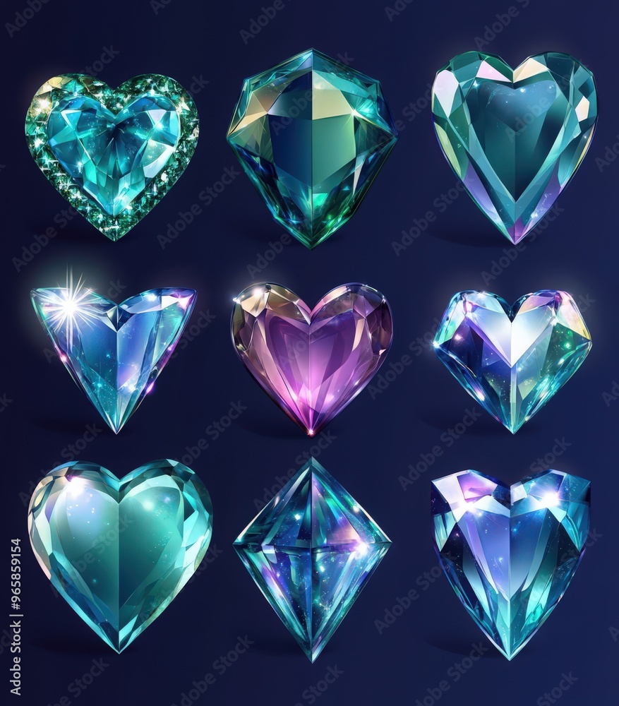 Fototapeta premium Precious emerald stones, shiny blue glass crystals isolated on transparent background. Vector realistic set of glow gemstone in shape of heart and crystal gems with magic light