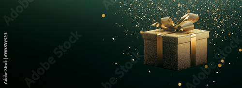 Gift boxes on dark green background. Gold gift boxes with gold ribbon, banner. AI generation.