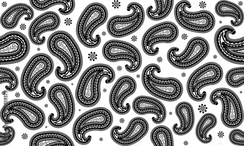 Paisley floral white black pattern.Traditional seamless persia boteh,buta,zoroastrianism.Bohemian,hippie vector abstract style.Designs for print,fabric,clothing,wrap,scarf,bandana,pillows,decoration.