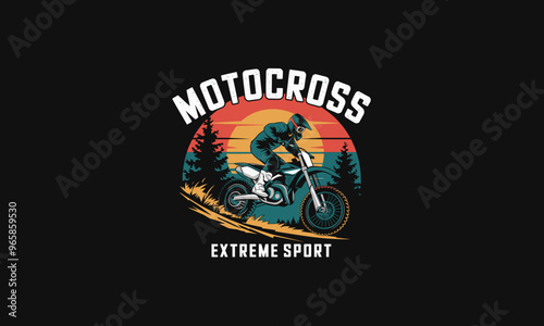 Motocross rider on a bike with sunset and forest background.
