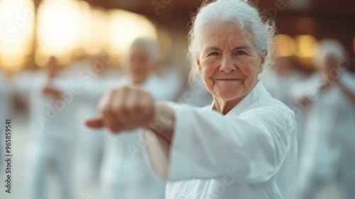 A senior woman, with years of experience, practices martial arts in white attire, exuding confidence and strength as she performs precise movements outdoors.