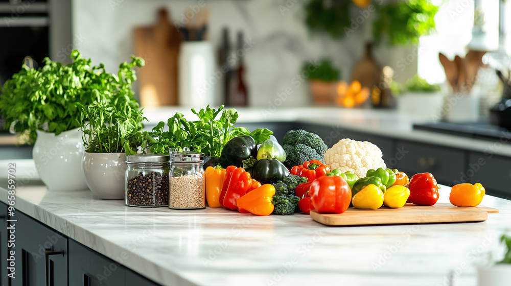 A vibrant, market-style display of vegetables on a modern kitchen island, with fresh herbs and spices ready for cooking A vibrant, market-style display of vegetables on a modern kitchen island, with fresh herbs and spices ready for cooking