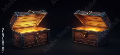 Fototapeta Naklejka Na Ścianę i Meble -  Wooden chest with open and closed lid. Pirate treasure box with magic glow inside. Vector realistic set of old wood trunk with golden fetter. 3d empty vintage coffer isolated on dark background