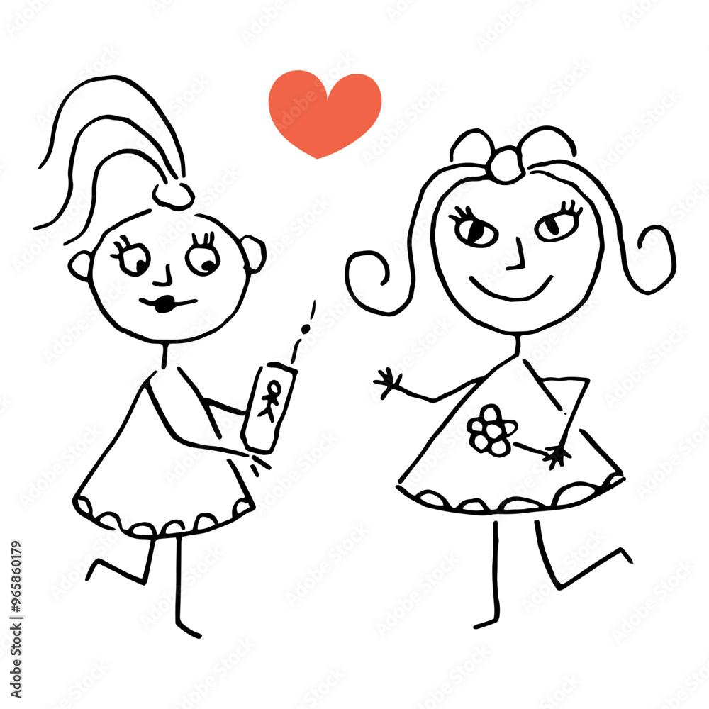Hand drawing happy cute girls with flower and telephone. Two girls and heart for valentine day. Imitation childish drawing. Vector isolated illustration for card. Hand drawing happy cute girls with flower and telephone. Two girls and heart for valentine day. Imitation childish drawing. Vector isolated illustration for card.