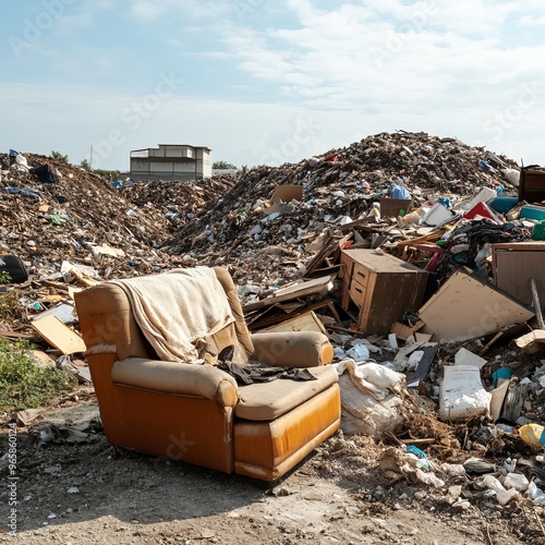 An old armchair sits abandoned in a landfill.