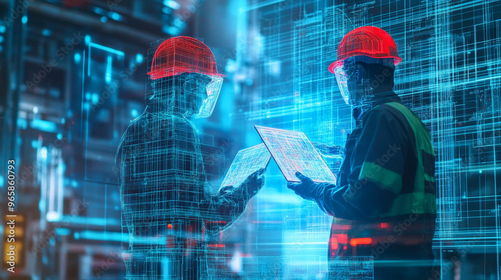 Double exposure of workers in hard hats interacting with digital interface, showcasing technology and innovation in workplace. scene reflects blend of human effort and advanced digital tools Double exposure of workers in hard hats interacting with digital interface, showcasing technology and innovation in workplace. scene reflects blend of human effort and advanced digital tools