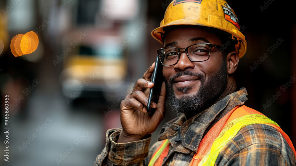 a black man construction worker outside making a phone call on cell phone on a sunny day a black man construction worker outside making a phone call on cell phone on a sunny day