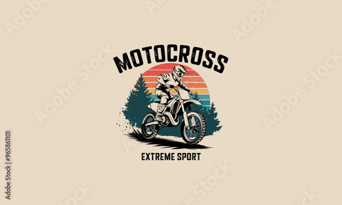 Motocross rider on a bike with sunset and forest background.