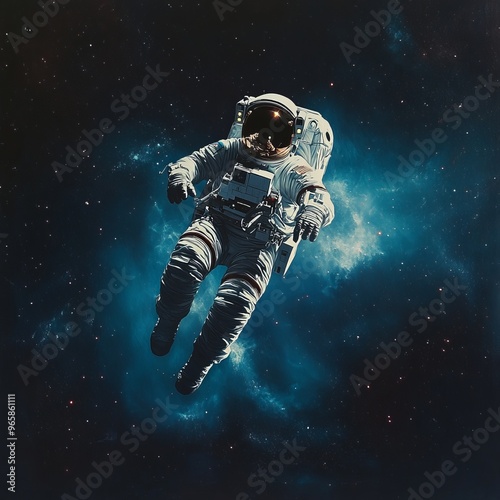 Astronaut floating in space with a starry background.