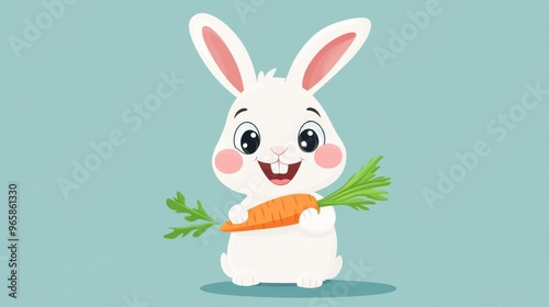 Adorable cartoon rabbit with shiny clean teeth, holding a carrot, vector flat design photo