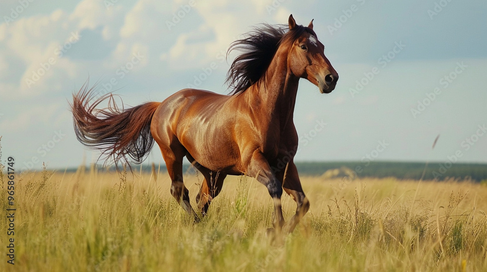 Medium close-up of a horse trotting gracefully through a field, its mane flowing in the wind and its body moving with natural elegance. Medium close-up of a horse trotting gracefully through a field, its mane flowing in the wind and its body moving with natural elegance.