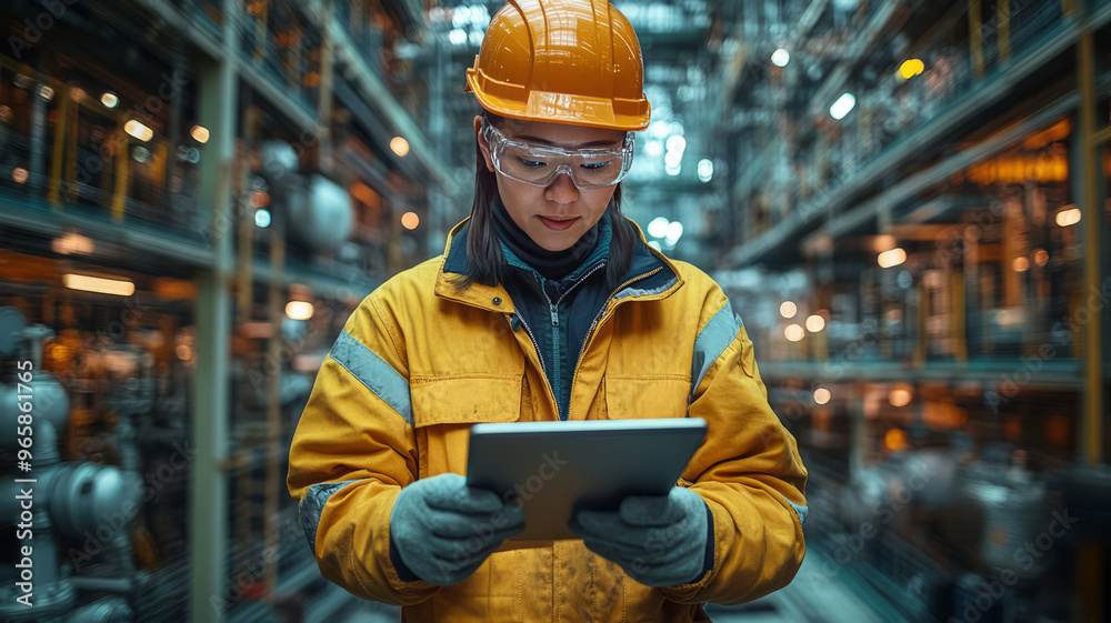 Asian engineer using a tablet to monitor construction progress with a site full of equipment and workers highlighting modern technology integration and project oversight.