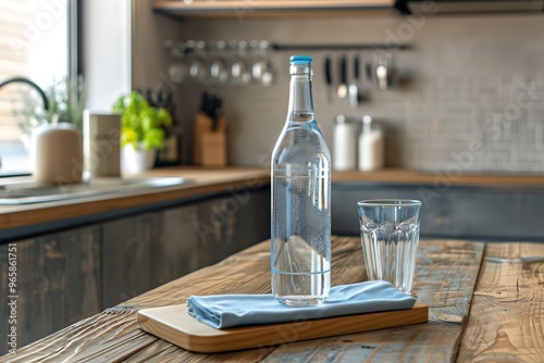 Modern kitchen interior with a glass of water and oranges on wooden table photo