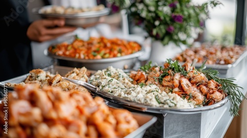 An elegantly arranged buffet table featuring assorted gourmet foods including seafood, meats, salads, and breads, ready for a sophisticated and delicious dining experience. photo