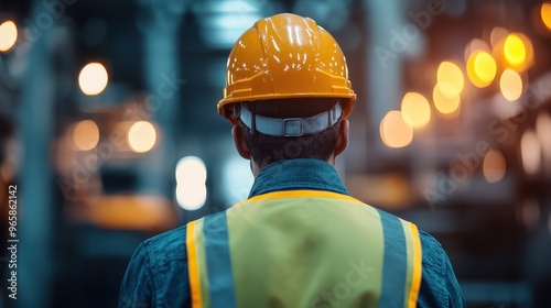 This image highlights a construction worker from behind, wearing a yellow helmet and reflective vest, emphasizing the crucial role of safety in industrious environments.