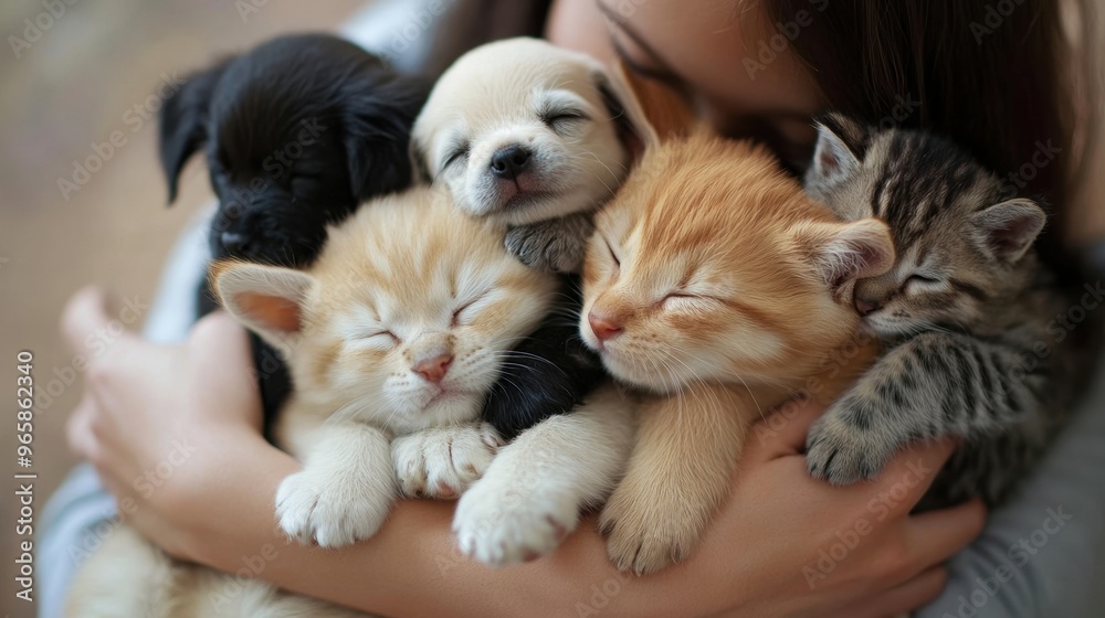 A woman holding a bunch of kittens in her arms A woman holding a bunch of kittens in her arms