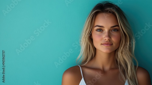 A young woman with blonde hair smiles confidently against a vibrant turquoise background, embodying youth, positivity, and a fresh, modern aesthetic.