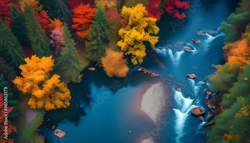 Stunning aerial view of a vibrant autumn forest with a winding river, showcasing the beauty of fall and natures rich colors