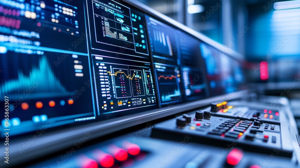 A factory control room with screens displaying live production metrics and analytics A factory control room with screens displaying live production metrics and analytics