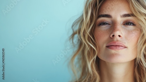 A close-up of a smiling woman in front of a blue background, emphasizing her cheerful and uplifting mood, with a vibrant and engaging demeanor. photo