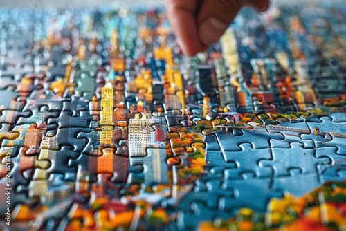 Overhead shot of a puzzle on a white surface, featuring pieces arranged to form a vibrant cityscape under a bright blue sky. Urban art concept