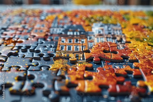 Overhead shot of a puzzle on a white surface, featuring pieces arranged to form a vibrant cityscape under a bright blue sky. Urban art concept