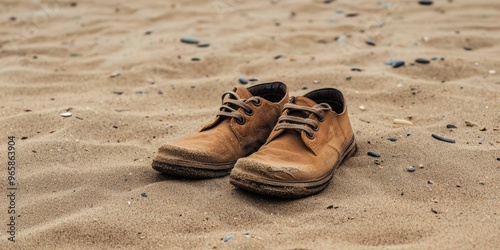 A pair of shoes left behind on a deserted beach, departure, abandoned path in life photo