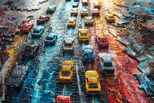 Overhead shot of a puzzle on a white table, showcasing a dynamic scene of racing cars on a track, featuring vibrant colors and intricate details. Automotive art concept