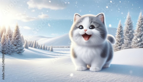 A fluffy cat sitting in the snow in a snowy forest, concept for winter joy, pets, and idyllic nature moments