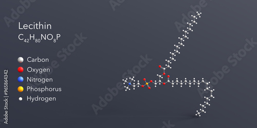 Fototapeta Naklejka Na Ścianę i Meble -  lecithin molecule 3d rendering, flat molecular structure with chemical formula and atoms color coding