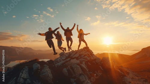 Sunset adventure: Four joyful hikers jump atop rocky peak under golden skies photo