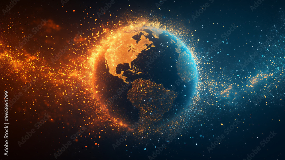Fototapeta premium Glowing Particle Earth with Fiery Data Stream in Digital Space