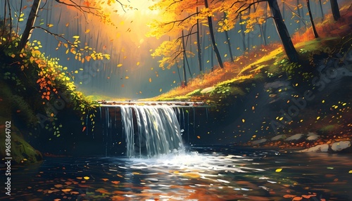 Serene autumn forest with a picturesque waterfall, capturing the essence of fall and natures beauty for inspiring wallpaper and outdoor adventure themes photo