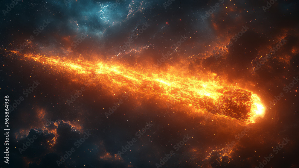 Fototapeta premium Jet Fuel Trail or Comet Streak: A Fiery Meteor, Rocket Launch, or Supernatural Event Racing Through the Sky with a Glowing Vapor Trail of Light and Fire