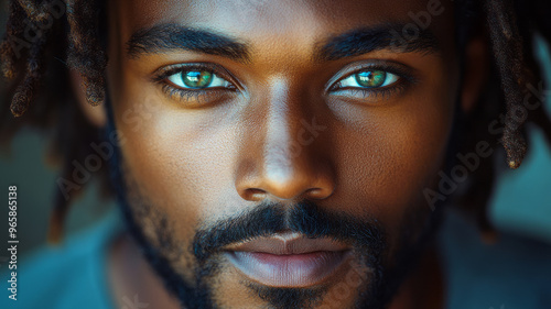 Jesus Christ, depicted as a kind, dark-skinned man with green eyes and locks.