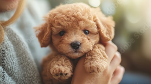 Adorable Poodle Puppy Cuddling in a Japanese-Style Home with Warm Lighting and Earth Tone Ambiance. Pet and Interior Design Harmony Concept.