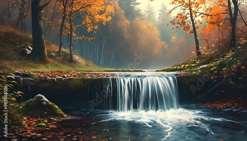 Serene autumn forest with a picturesque waterfall, capturing the essence of fall and natures beauty for inspiring wallpaper and outdoor adventure themes photo