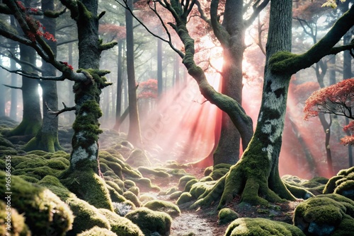 A mystical, fog-covered forest with moss-covered trees and soft, dappled light. photo