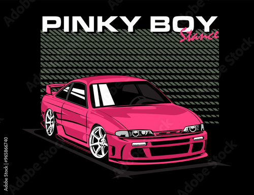 90s automotive design for tees with pink car  color and striped background along with text