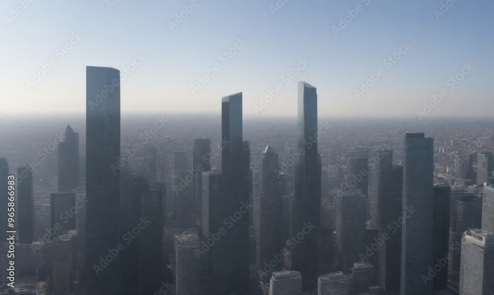 A hazy morning view of a city skyline with tall skyscrapers A hazy morning view of a city skyline with tall skyscrapers