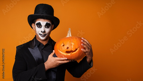 Portrait of a magician wearing black costume and halloween makeup holding a carved pumpkin, digital ai illustration photo